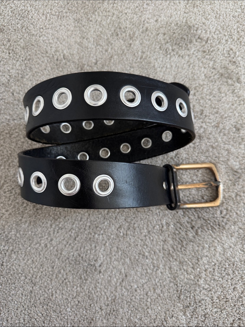Express Black Leather Grommet Belt with Gold Buckle